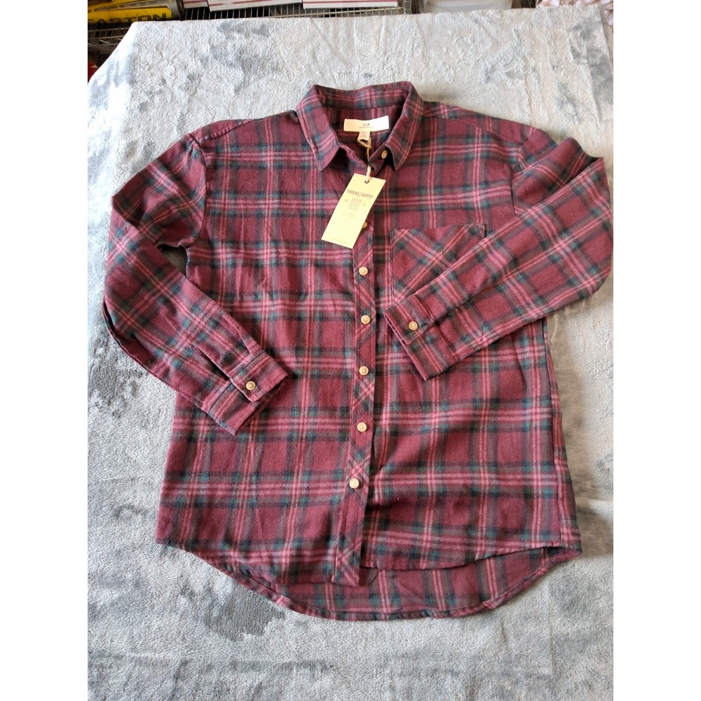 Thread‎ & Supply Plaid Flannel Button Down Shirt Burgundy Green Mens XS New